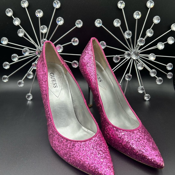 Guess Barbie Pink Pointed Toe Sequin 4” Silver Heel Shoes Size 9 - Picture 3 of 13